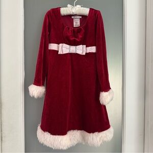 “Santa” Bonnie Jean Girls Red Velvety Christmas Dress w White furry trim